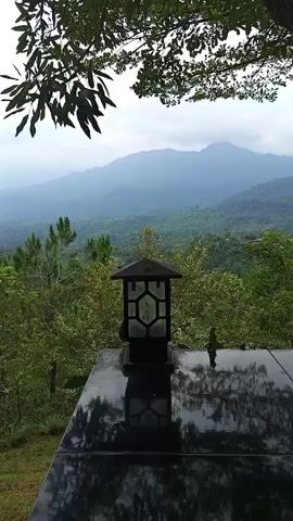 The video shows a landscape with mountains in the background, obscured by a light fog or haze. In the foreground, there is a black table with a lantern on it, reflecting the surroundings. The lantern has a hexagonal design and is dark in color. The table surface is reflective, showing the image of the lantern and sky. The landscape is filled with green trees and foliage, giving the impression of a lush, natural environment. Above, branches with leaves frame the top of the shot. In the background music can be heard.