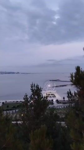 A medium shot is captured from an elevated position, looking down at a waterfront scene. The sky above is overcast with gray clouds. In the foreground, the tops of dark green pine trees partially obscure the view. Below the trees, a body of water stretches across the frame. On the water, a large, illuminated Ferris wheel is visible, with lights reflecting on the surface of the water. Further in the distance, a city skyline is faintly visible on the horizon. To the left of the Ferris wheel, on the shore, there's a modern building with a white, curved roof and red accents. Adjacent to this building, a parking lot filled with cars is apparent. Beyond the parking lot, a paved area with some greenery is visible. The overall impression is of a coastal cityscape at dusk or early evening.
