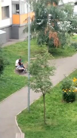 A shot taken from a slightly elevated perspective shows a paved walkway curving through a grassy area with trees and flowerbeds. On a bench near the walkway, two people, one appearing to be a child and the other an adult, are seated. The adult is wearing a white shirt and dark pants, while the child is in a green shirt and dark pants. The adult appears to be holding a green object, possibly a toy, and interacting with the child. Further along the walkway, near a flowerbed with yellow and pink flowers, a person in a blue shirt and dark pants is seen bending down, appearing to be tending to the garden. In the background, a building with balconies is visible. The overall scene depicts a tranquil outdoor setting.
