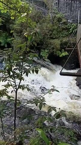 The video shows a fast-flowing waterfall cascading over rocks in a lush green environment. On the right side of the frame, a metal railing and a wooden plank suggest a bridge or walkway over the water. The water is churning and white with foam, indicating its rapid movement. Trees and vegetation surround the waterfall, creating a natural, somewhat wild setting. The overall impression is one of natural power and beauty.