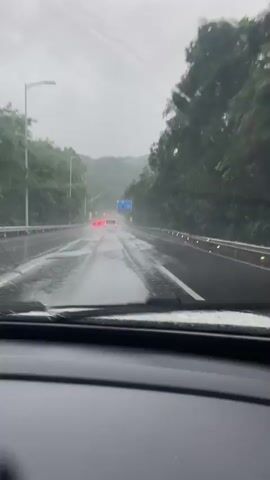 A forward-facing perspective from inside a vehicle shows a wet highway during rainfall. Raindrops are visible on the windshield, and the road surface is slick with water. Several vehicles are on the road, with some displaying red taillights. Trees line both sides of the highway, and a blue sign is visible in the distance. The sky is overcast and gray.