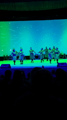 Military-themed theatrical performance features young performers in green costumes