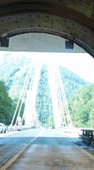 Vehicle crosses cable-stayed bridge in Kepsha, Russia