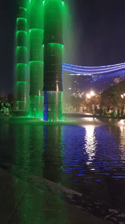 Illuminated industrial towers draw a crowd in Wuhou District at night