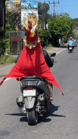 Ceremonial dress on a scooter, cafe life in Denpasar