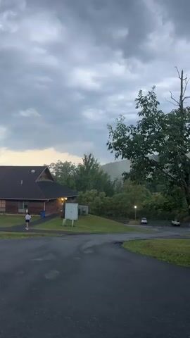 The video shows a wooded area with a building and a signpost. There are trees and grass. The sky is cloudy. A person is walking near the building. A car is parked on the grass. There is a signpost with several signs pointing in different directions.