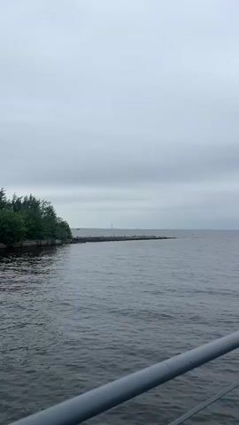 The video begins with a view of a gray, overcast sky and a body of water. On the left side of the screen, there are trees and a concrete structure extending into the water. The water has a gentle ripple. As the video progresses, the camera pans to the right, revealing a long, concrete pier with posts. In the distance, a very tall, slender skyscraper is visible on the horizon, silhouetted against the sky. There are no people or animals clearly visible in the video. The overall mood is calm and slightly somber due to the overcast weather.