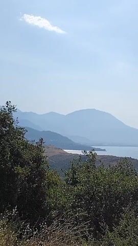 The video captures a sweeping landscape of mountains and a body of water. In the foreground, dense green foliage obscures the bottom portion of the frame. As the camera pans, the view opens up to reveal rolling hills leading down to a large lake or sea. Distant mountains, shrouded in a soft, hazy blue, form a majestic backdrop. The sky above is a clear, pale blue with a few wispy clouds. The overall impression is one of a serene and expansive natural environment. There are no people or man-made objects clearly visible.