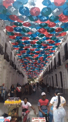 Colorful umbrella installation decorates busy Caracas street
