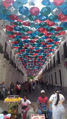 Colorful umbrella installation decorates busy Caracas street