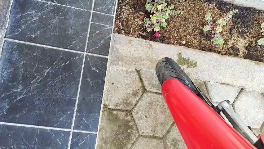 A red motorcycle is parked on a paved area next to a garden bed. The camera is focused on the motorcycle's front tire and fairing. The pavement is made up of hexagonal and square tiles. The garden bed contains dry grass and small plants. The motorcycle's fairing has several scratches and scuffs. The video is very short and provides a limited view of the scene.