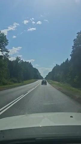 The video shows a first-person perspective from inside a car driving on a paved road. The road is bordered by trees on both sides, forming a canopy effect. The sky is blue with scattered clouds. Another car is visible ahead on the same road, traveling in the same direction. The sun is shining brightly, creating a glare in the upper part of the frame. The scene appears to be a typical daytime drive through a wooded area.