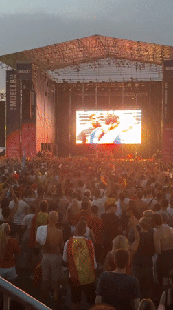Crowd gathers outdoors to watch soccer match on giant screen