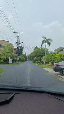 A car drives down a paved road lined with trees and houses. Overhead, a tangled mess of electrical wires is strung between utility poles. The sky is overcast.