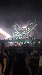 Outdoor DJ set in Nesebar with dramatic metallic stage sculpture