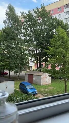 The video shows a view from a window looking out onto an outdoor scene. In the foreground, a portion of a windowsill is visible. Beyond the window, there are several trees with green leaves, some taller and some shorter. In the middle ground, there is a small, aged, gray and beige metal garage with a reddish-brown door. A blue minivan is parked on a dirt and grass area in front of the garage. Behind the garage and trees, a multi-story apartment building with light-colored walls and pink and white accents is visible. The sky above is partly cloudy and light. There is a hint of a red car parked on the street to the left of the frame. The overall scene appears to be a residential courtyard. There are no people visible in the video.