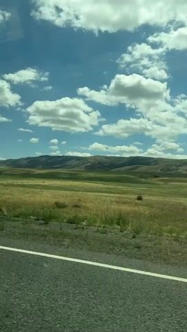 This video captures a scenic drive through the Kyzylzhar region of Kazakhstan. The scene is set on a sunny day with a bright blue sky dotted with fluffy white clouds. The foreground shows an asphalt road with a white line marking the lane. Beyond the road lies a vast expanse of green and golden fields, rolling hills, and distant mountains, suggesting a rural or semi-arid landscape.

The primary activity is a car journey, as evidenced by the perspective of the camera looking out of a vehicle. At the 00:01 mark, a large green semi-trailer truck passes by. Visible text on the truck includes "K Z 82" and "AD19", likely indicating its registration or identification numbers. The truck appears to be carrying goods. The camera briefly shows a close-up of the truck's side, revealing a fuel tank and a large tire, before returning to the wider landscape.

The overall mood is peaceful and expansive, evoking a sense of travel and open spaces. The time of day is clearly daytime, and the weather is fair and sunny. The location cues of the truck's license plate and the landscape are consistent with a rural setting in Kazakhstan. There are no visible people in the footage, other than a fleeting, indistinct reflection in the truck's window at the 00:02 mark.