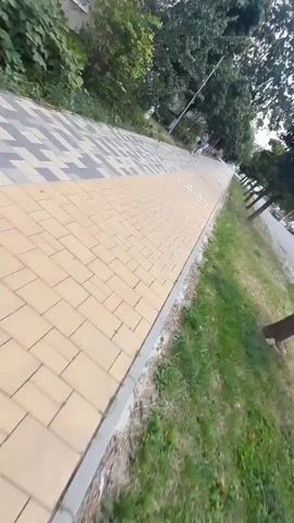 The video shows a perspective of someone walking or riding a bike along a paved pathway. The pathway is bordered by grass on one side and trees and buildings on the other. The pathway itself is marked with a bicycle symbol, indicating it is a bike lane. The pavement is made of yellow and grey interlocking bricks. A woman is briefly seen walking on the pathway in the distance. The scene appears to be an urban or suburban environment on a cloudy day.