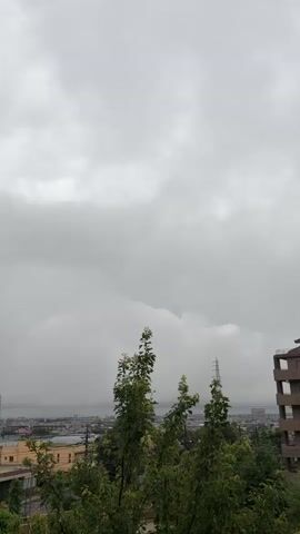 A cloudy, overcast sky fills most of the frame, with lighter grey clouds nearer the horizon. In the foreground, the tops of several lush green trees are visible, with their leaves appearing slightly blurred due to movement. To the right, the upper floors of a brown building with multiple windows can be seen. In the middle ground, a sprawling urban landscape stretches across the horizon, dotted with various buildings and structures, including what appear to be electrical pylons. The overall scene suggests an outdoor view on a day with significant cloud cover.