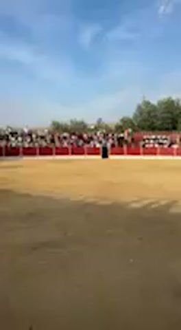 The video displays an outdoor bullring under a bright, clear blue sky with scattered white clouds. The central area of the frame is dominated by the sandy, circular arena. Distinct shadows are cast across the sand, indicating it is daytime, likely morning or late afternoon.

Surrounding the sandy arena are red and white barriers, beyond which tiered seating, or stands, are visible. These stands are populated by numerous spectators, though their individual features and expressions are not clearly discernible due to the distance and video quality.

A solitary figure, dressed in a dark outfit, stands in the center of the sandy arena. They appear to be stationary, possibly waiting or observing. In the background, behind the stands, a line of green trees stretches across the horizon.

The scene depicts a typical bullring environment, consistent with the provided location context of San José del Valle, Spain. The atmosphere appears calm, suggesting a moment before an event begins or during a pause. No text is visible in the frame.