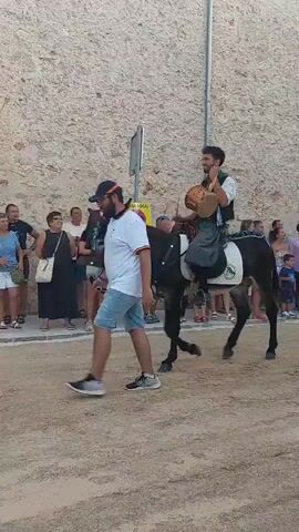 This is a video of a horse show with several people in attendance. The video begins by showing a person on a donkey. Then, the video shifts to a person on a white horse, dressed in a vest and shirt, with long dark hair. The horse is performing a rear. The person on the horse is holding the reins and appears to be guiding the horse. There are spectators in the background watching the performance. The environment appears to be outdoors, possibly a street or a town square, with a stone building in the background. The ground is covered in dirt or sand.