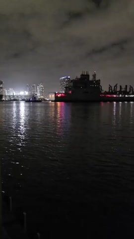 The video shows a nighttime scene from a boat on a body of water, possibly a bay or harbor. In the distance, city lights and the outline of buildings are visible on the left. A large ship is docked nearby, its outline illuminated by red lights.  As the camera pans to the right, a bridge spanning the water becomes visible, with its lights reflecting on the surface. The sky is cloudy and dark.  The camera appears to be positioned on the deck of a small boat, showing portions of the boat's interior.