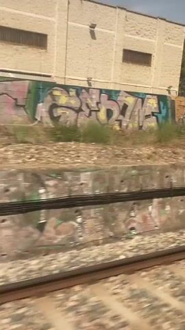 This is a first-person perspective video taken from a moving train. The camera pans from left to right, showing a gray stone wall with graffiti on it. Above the wall, there are trees and a building. The train tracks are visible in the foreground. The video is shaky due to the movement of the train. There are no people or animals visible in the video.