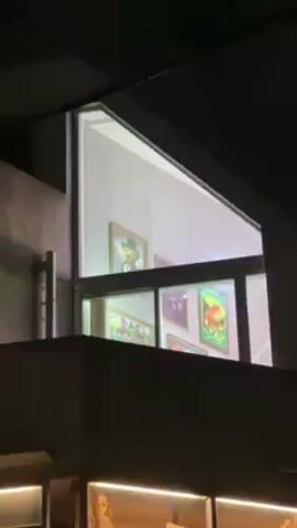 Here is a description of the video:
The video shows a building at night with a window displaying several framed artworks. One of the artworks features a teddy bear wearing a top hat and tuxedo. Other artworks depict abstract scenes with vibrant colors, including images of flowers, figures, and a tiger. The wall behind the art appears to be concrete.