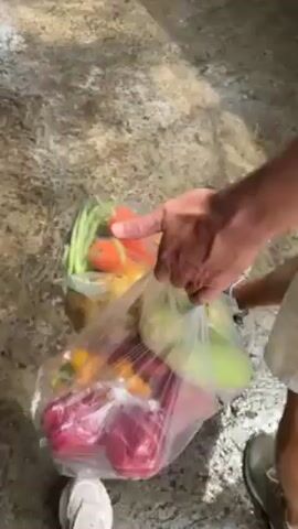 A person is holding up a plastic grocery bag filled with vegetables. The bag contains carrots, green beans, yellow peppers, and red peppers. The ground is a light gray color with some light brown patches. The person is wearing gray shoes. The scene is outdoors and the lighting is bright.