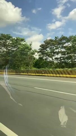 The video shows a view from a vehicle traveling on a highway. The highway has multiple lanes marked by white lines and a yellow and black striped barrier separates the highway from the adjacent area. Lush green trees and vegetation are visible beyond the barrier, with a bright blue sky and scattered white clouds above. A silver minivan is seen driving on the highway in the same direction. The lighting suggests it is daytime.