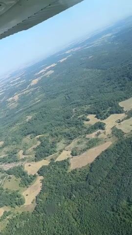 The video shows an aerial view of a rural landscape from a plane. The terrain is a mix of dense green forests and lighter-colored fields or clearings. The perspective is from a high angle, looking down and slightly forward, with the wing of the aircraft visible in the upper left corner of the frame. The sky is clear and blue, indicating a sunny day. The landscape appears to be relatively undeveloped, with no visible buildings or roads in the immediate vicinity. The scene is static, with no apparent movement other than the slight camera shake inherent in a moving aircraft.
