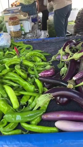 The video shows a market stall with various vegetables and fruits. In the foreground, there is a pile of long, slender eggplants in shades of purple and white. To the left, there are green peppers and green beans. The camera then pans to the right, revealing more green peppers and bunches of green grapes. In the background, there are people walking around and other market stalls with more produce. The scene appears to be a vibrant outdoor market on a sunny day.