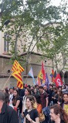 Street protest with political banners marches through Barcelona