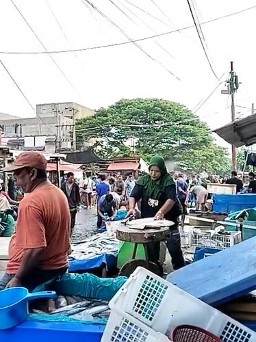 Busy fish market operations in Lhokseumawe, Indonesia