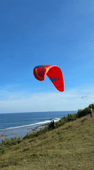 Paragliders soar above Kuta Selatan coastline in colorful morning display