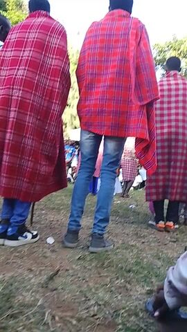 The video captures an outdoor scene featuring a group of individuals, predominantly men, standing in a grassy area under bright natural daylight. Most subjects are viewed from behind or the side, dressed in a mix of traditional and modern attire.

Several individuals are wearing vibrant red plaid blankets or *shukas*, draped over their shoulders or wrapped around their bodies. Beneath these traditional garments, many are seen wearing contemporary blue jeans and modern athletic footwear, including black and white sneakers with blue accents, and dark grey athletic shoes. One person's t-shirt is partially visible, displaying light blue, white, and maroon stripes. Some individuals are holding slender wooden sticks or staffs.

The ground is a mix of green grass and patches of drier, lighter-colored earth, suggesting an open, possibly rural or semi-urban setting. Trees and foliage are visible in the distant background, partially obscured by the gathering. The bright lighting indicates it is daytime, with clear weather. The background audio suggests music and perhaps conversation or chanting, hinting at a social or cultural gathering. The overall atmosphere appears casual and communal. The scene is consistent with activities found in areas like Bondo, Kenya. No visible text is present in the frame.