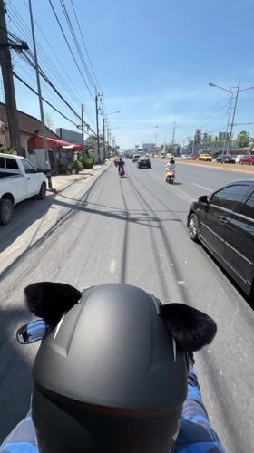 Motorcyclist with novelty cat-ear helmet rides Thailand road