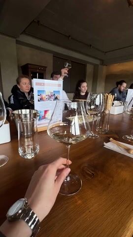A first-person perspective video shows a group of people sitting around a long wooden table, seemingly at a wine tasting. A hand wearing a silver watch holds a wine glass filled with white wine in the foreground. The glass has a wide bowl. In the background, there are several other wine glasses, some filled with wine and some empty. A metal ice bucket and tall glasses are also visible on the table. A man in a white shirt is standing behind a table, holding a wine glass up and looking at it. He appears to be leading the wine tasting. There are four other people sitting at the table, including two women with shoulder-length hair and two men, one with a beard. A sign displaying pictures and text (likely related to the wine tasting event) stands on the table. The room has a rustic feel with a concrete ceiling and natural light coming in. The participants appear to be attentive and focused on the person leading the tasting.