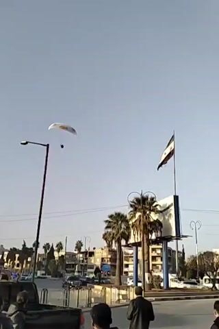 A paraglider is seen flying in a city landscape under a clear, blue sky. A flag, bearing green, white, and black stripes with red stars, is displayed prominently on a pole. The flag is waving gently in the breeze. Palm trees and various urban structures are visible in the background, adding to the city's environment. Several people are standing around, observing the scene, with their presence suggesting a casual, public setting. Additionally, cars are parked and moving in the background, indicating typical urban traffic.