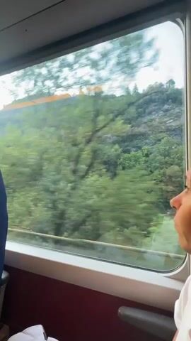 A person in a white shirt looks out a train window. Outside the window, a green, tree-covered hillside is visible with a rocky cliff face. A bright orange structure runs along the top of the hill. The trees and landscape are blurred due to the train's movement. The interior of the train is visible in the foreground, with a maroon seat and part of another person's shoulder.