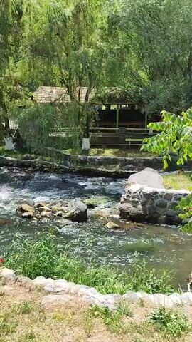 A video captures a flowing river with visible rocks and rapids, bordered by lush green foliage on both sides. In the background, a bridge with a white car crossing it is visible, along with a building with a wooden roof and fenced structures. The scene is bathed in sunlight, highlighting the vibrant green of the trees and the clear water. The camera angle provides a wide view of the natural landscape, emphasizing the tranquil atmosphere of the riverside environment.