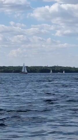 The video shows a body of water with several sailboats. The water is choppy and a light blue color. The sky is mostly clear with a few white clouds. In the background, there is a line of trees and a few distant boats. The video is shot from a low angle, as if from another boat.