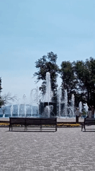 Sunny morning at Zheleznovodsk park fountain and eagle monument