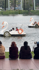 Visitors gather at Da Lat lake watching boats, paddle boats