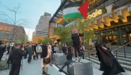 Protesters gather outside Google office in Hoboken with Palestinian flags