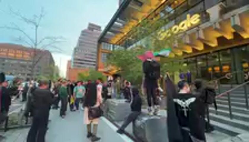The video depicts an outdoor protest occurring in an urban setting, specifically in front of a modern Google office building. A crowd of people, varying in attire, are gathered on a paved area or sidewalk.

A central figure, dressed in dark clothing and a pink head covering, stands on a raised stone block or platform, vigorously waving a Palestinian flag, characterized by its red triangle and horizontal black, white, and green stripes. Another person to the right also holds a flag, partially visible.

The background is dominated by a large, contemporary building featuring extensive glass windows and a prominent "Google" sign, illuminated in yellow, near the top. Other buildings line the street in the distance. The sky is bright, indicating late afternoon or early evening.

Audible chants from the crowd include phrases such as "openly collaborate," "fascist," and "contribute." These chants, combined with the display of the Palestinian flag, suggest that the demonstration is a protest against Google, likely accusing the company of collaborating with entities perceived as oppressive, in relation to the Palestinian cause. The atmosphere appears to be one of active demonstration.