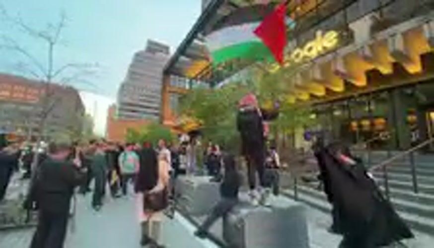 Protesters gather outside Google office in Hoboken with Palestinian flags