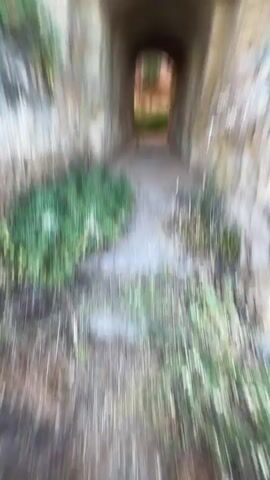The video opens with a blurry, forward-moving shot, quickly resolving into a clear view of a narrow, man-made tunnel carved into a rocky or earthen structure. The camera proceeds to move forward through the tunnel. The tunnel's walls and ceiling are rough, appearing to be made of unworked stone or compacted earth, with some small rocks on the dirt ground. Light is visible at the far end of the tunnel, indicating an exit to an outdoor area with vegetation. The camera continues its forward motion until it reaches and exits the tunnel.