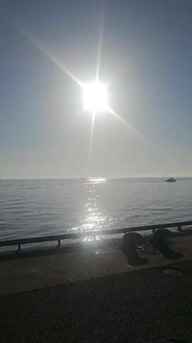 A wide shot captures a bright sun high in the sky, its rays fanning out across a clear blue sky. Below, a vast expanse of calm, blue water stretches to the horizon. The water reflects the sun's brilliance, creating a shimmering path across its surface. In the distance, a small white boat is visible, moving across the water. In the foreground, a concrete embankment lines the edge of the water, with a metal railing running along its length. Two large, dark, curved objects, possibly bollards or mooring fixtures, are positioned on the embankment. The ground of the embankment is rough and dark, appearing to be asphalt or similar material. The overall scene depicts a serene coastal or lakeside environment under bright, sunny conditions.