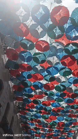 Caracas street scenes feature umbrella canopy, bank building, plaza